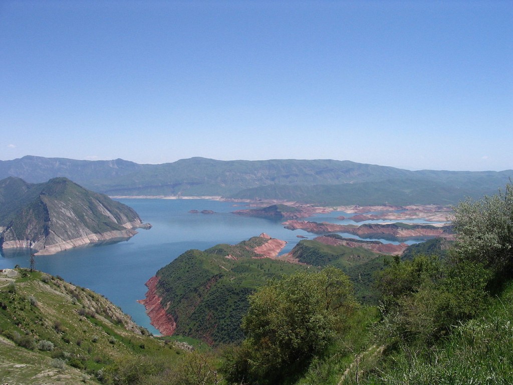 The Nurek Reservoir created by the Nurek Dam